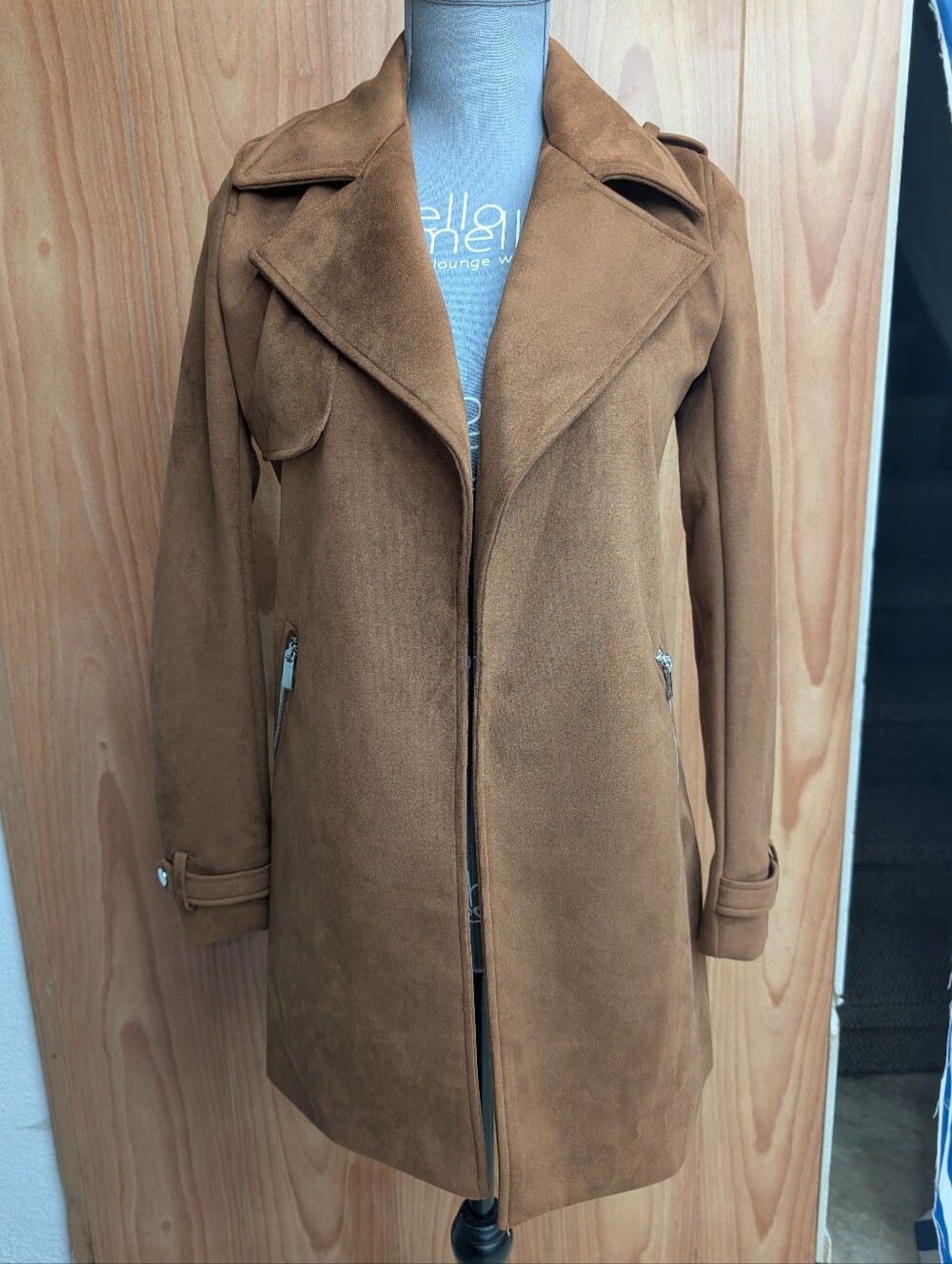 Magaschoni Faux Suede Trench Coat Cafe Mocha Brown Jacket Small XS